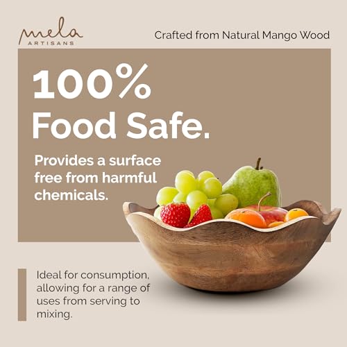 Mela Artisans Wooden Scalloped Bowl - Large | Ruffle Decorative Style | Rustic Kitchen Decor | Mango Wood | Natural Grain Finish | Fits Bread, Mela Artisans