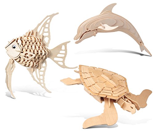Puzzled Bundle of Angel Fish, Dolphin & Green Turtle Wooden 3D Puzzles Construction Kits, Ocean Life Educational DIY Toys Assemble Model Unfinished Puzzled