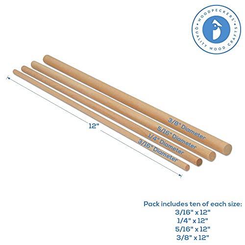 Wooden Dowel Asssortment 40 Dowel Rods 12 inches Long by Woodpeckers Woodpeckers