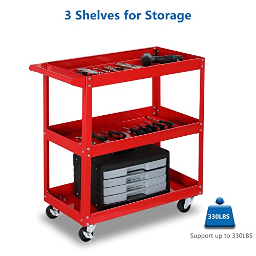 TUFFIOM 3 Tier Rolling Tool Cart, 330 Lbs Capacity, Red, 3 Shelves Steel Utility Cart for Garage, Workshop, Warehouse & Repair Shop TUFFIOM