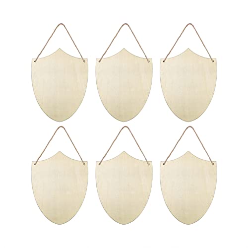 6pcs Wooden Shield Shapes Wood Sign Blank Hanging Wooden Plaque Unfinished Wood Cutouts DIY Craft Project Ornaments for Father's Day Halloween JANOU
