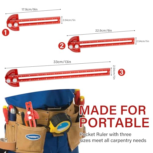 Woodworking Ruler, TOURACE 3Pcs Precision Pocket Ruler Metal Slide Rule Woodworking Tools T Square Metric/Inch Portable Rulers with Protractor Angle TOURACE