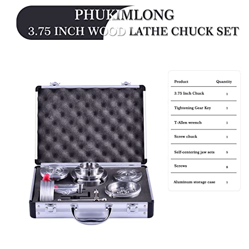 CKS375 Wood Lathe Chucks, 3.75" 4-Jaw Self-Centering Scroll Chuck with 1" x 8TPI Thread Woodworking Turning Tools Set Include(3.75 Gear Chuck,5 PHUKIMLONG