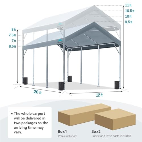 ADVANCE OUTDOOR 12x20 ft Heavy Duty Carport Car Canopy Garage Boat Shelter Party Tent, Adjustable Peak Height from 9.5ft to 11ft, Silver Gray ADVANCE OUTDOOR