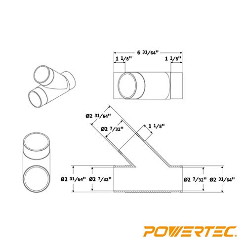 POWERTEC 70228 2-1/2 Inch Y-Fitting Dust Collection Hose Connector, Clear Color POWERTEC