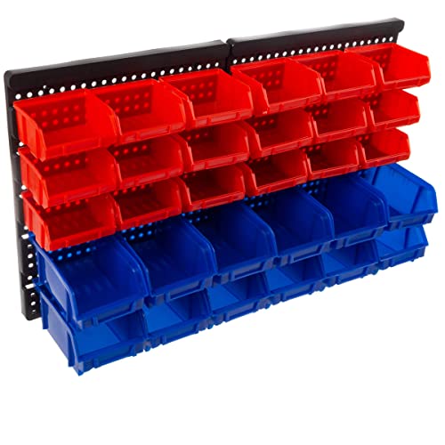 Wall-Mounted Garage Storage Bins - 30 Compartments for Garage Organization, Craft Supply Storage, Tool Box Organizer Unit by Stalwart (Red/Blue) Stalwart