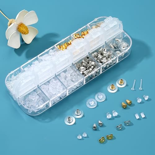 Nkwuire 12 Styles 600 Pcs Earring Backs for Studs, Clear Plastic Earrings Hypoallergenic Metal Rubber Silicone Earring Backs Bullet Clutch Stoppers Nkwuire