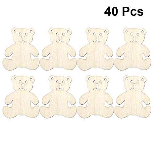Ciieeo 40pcs Wooden Bear Shaped Cutouts Hanging Wood Bear Shape Clips Hanging Bear Ornaments with Hole Ropes for DIY Project Valentines Day Ciieeo