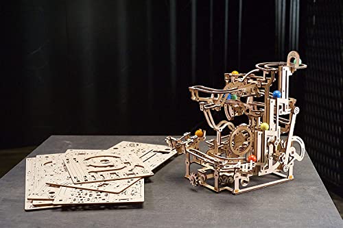 UGEARS Marble Run Tiered Hoist - Wooden Marble Run Kit with 10 Colored Marbles - 3D Puzzles for Adults and Kids - Amusement Park Wood Marble Track 3D UGEARS