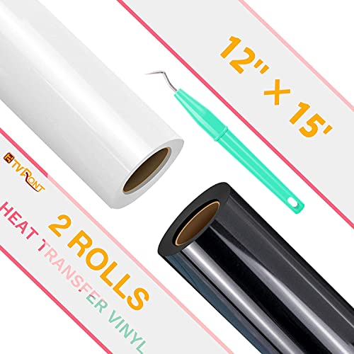 HTVRONT HTV Vinyl Rolls Black HTV and White Heat Transfer Vinyl - 12" x 15ft Black & White HTV Vinyl for Shirts, Black Iron on Vinyl for Cricut & HTVRONT
