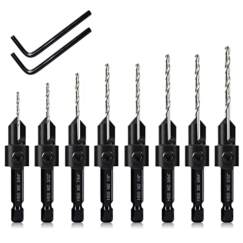 8 Pack Woodworking Countersink Drill Bits Set 3in1, Heavy Duty M2 Pilot Drill Bits Depth Adjustable, 82-Degree Chamfer, 1/4” Hex Shank, for DECKRKAT