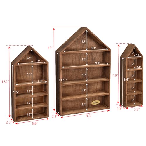 Ikee Design 3 Pcs Set House-Shaped Shelf Wooden Shadow Cubby Box Display Shelf Organizer Storage Display Shadow Box for Mini Figures,15 Compartments, Ikee Design
