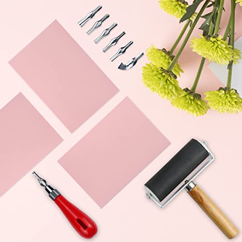 Oopsu 4 Pack Rubber Block Stamp Carving Blocks with Cutter Tools and Rubber Brayer Roller for Printmaking and More Crafts Oopsu