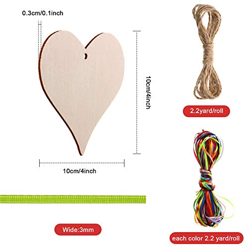 24 Pieces 4 Inch Natural Handmade Blank Wooden Heart Slices with Holes with 2m Natural Rope and 15 Colors 3 mm High Density Polyester Ribbon for Jetec