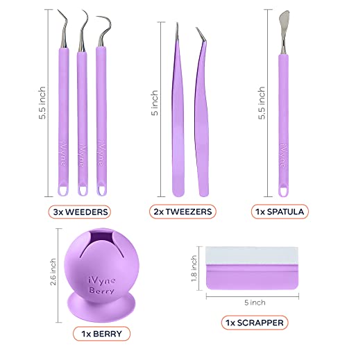 iVyne (8pcs) Premium Vinyl Weeding Tool Kit & Weeding Scrap Collector Soft Grip Tools with Berry, Weeder, Tweezers, Picker Or Hook, and Scraper Set iVyne
