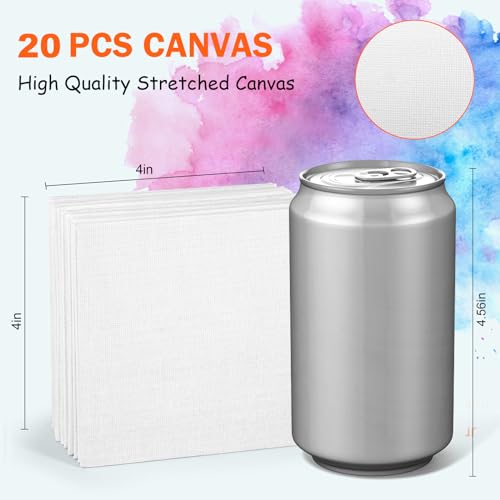 20 Pack 4x4 in Mini Canvases, Small Stretched Painting Canvas Panel with Mini Easel, Art Canvas Painting Kit with 10 Brushes & 5 Paint Tray for Kids MicoSim