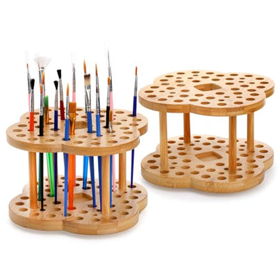 Foraineam 2 Pack Rotating Paint Brush Holder 53 Holes Bamboo Display Drying Stand Artist Paint Brush Organizer Watercolor Brush Stand Rack Paint