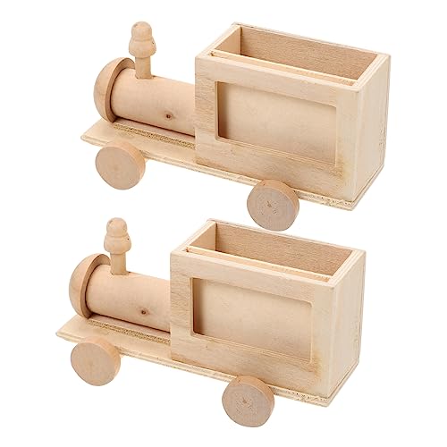 Yardenfun 2pcs Diy Train Pen Holder Unfinished Wooden Toys Mini Unfinished Wooden Train Blank Wood Car Tiny Wooden Storage Basket Unfinished Blank Yardenfun