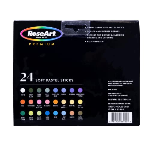 RoseArt Premium 24ct Long Soft Pastel Stick Set for Professionals - Pigment Rich, Full Size Pastel Sticks Vivid Colors RoseArt
