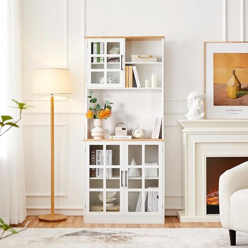 Yaheetech Kitchen Pantry Storage Cabinet with Hutch, 72'' Freestanding Buffet Cupboard with Large Countertop & Glass Doors & Adjustable Shelves, Yaheetech