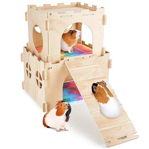 Guinea Pig Hideout, Guinea Pig House with Stairs and Mats Extra Large Guinea Pig Castle Detachable Hideouts for Small Animals Wooden Guinea Pig Unicorn Catcher