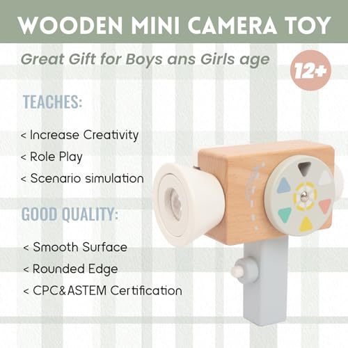 Wooden Mini Pretend Video Camera Toy for Toddlers 1 2 3 Years Old, Christmas Birthday Gifts Photographed Props for Boys Girls Children Kids WoodenEdu