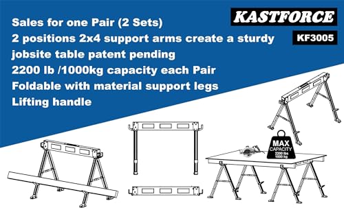KASTFORCE Folding Sawhorse 2200 lb /1000kg capacity Heavy Duty Jobsite Table Stand with Folding Legs Twin Pack KF3005 KASTFORCE