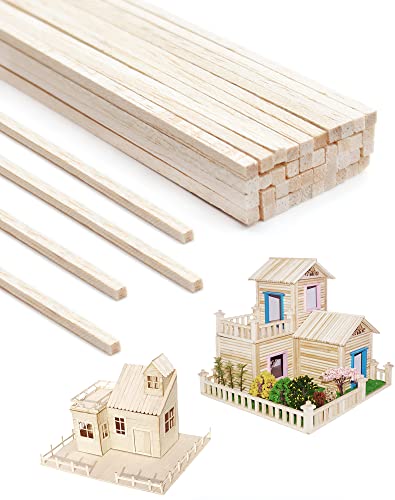 Benvo 100 Pieces Balsa Wood Sticks Square Wooden Dowels Unfinished Hardwood Strips Natural Long Woodcraft Sticks Batons for DIY Crafts Model Making Benvo