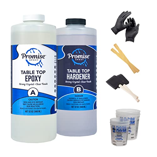 Epoxy Resin Promise Epoxy- Clear Coat Table Top 64 Oz | 2-Part Epoxy Resin (32 Oz) & Hardener Set (32 Oz) | Resin Epoxy Kit with Mixing Cups, Stir Pro Marine Supplies