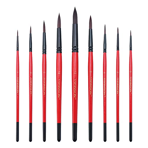 Transon Round Paint Brush Set 9pcs Synthetic Sable Hair for Acrylic Painting Watercolor Painting Gouache Ink Craft and Detail Painting TRANSON