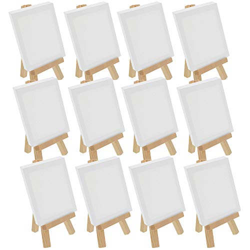 U.S. Art Supply 2" x 3" Stretched Canvas with 5" Mini Natural Wood Display Easel Kit (Pack of 12), Artist Tripod Tabletop Holder Stand - Painting U.S. Art Supply