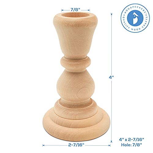 Classic Wooden Candlesticks 4 inches with 7/8 inch Hole, Set of 4 Unfinished Small Wooden Candle Holders to Craft, Paint or Decorate, by Woodpeckers Woodpeckers
