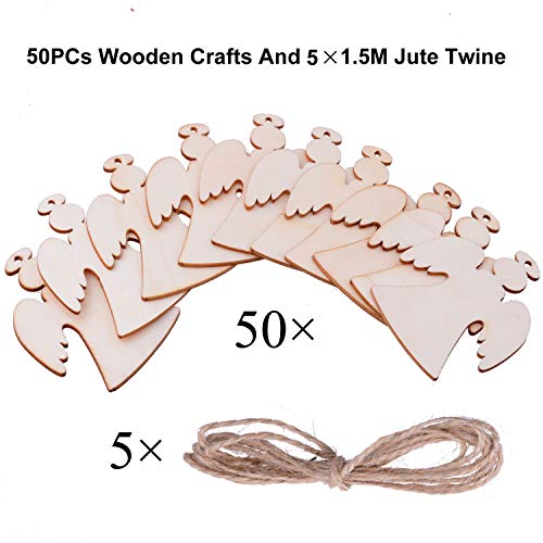 Pack of 50 Wooden Crafts to Paint 3 inch Christmas Tree Hanging Ornaments Unfinished Wood Cutouts Christmas Decoration DIY Crafts (Wooden Angel malyunin