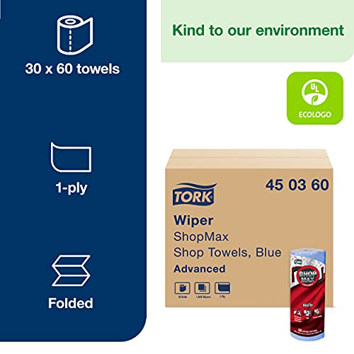 Tork ShopMax Heavy Duty Paper Shop Towel Blue, High Absorbency, 30 rolls x 60 Sheets, 450360 Tork