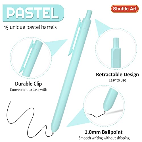 Shuttle Art Ballpoint Pens, 15 Pack Pastel Retractable Black Ink Ball Point Pens, Cute Pens 1.0mm Medium Point Quick Drying for Writing Journaling Shuttle Art