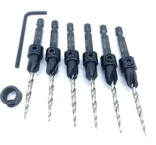 FTG USA Countersink Drill Bit Set 6 Pc #6 (9/64") Wood Countersink Drill Bit Pro Pack Countersink Set, Tapered Countersink Bit, 1 Stop Collar, Hex - WoodArtSupply
