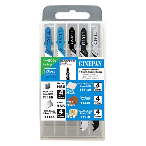 20PCS T Shank Jigsaw Blades Tool for Wood Plastic Metal Compatible with 90% Power Jig Saws Such as Bosch DEWALT RYOBI One+ Makita SKIL Black+Decker GINEPAN