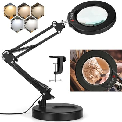10X Magnifying Glass with Light, Krstlv Upgrade Button 5 Color Modes Stepless Dimmable 2-in-1 LED Lighted Desk Lamp & Clamp, Hands Free Magnifier