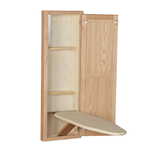 Household Essentials Ironing Board Cabinet, In-Wall Recessed Ironing Board Cabinet with Storage Shelves, Unfinished Wood, Oak Household Essentials