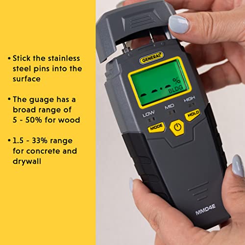 General Tools MMD4E Digital Moisture Meter, Water Leak Detector, Moisture Tester, Pin Type, Backlit LCD Display With Audible and Visual General Tools