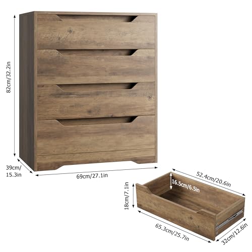 HOSTACK Modern 4 Drawer Dresser, Chest of Drawers with Storage, Wood Storage Chest Organizers with Cut-Out Handles, Accent Storage Cabinet for Living HOSTACK