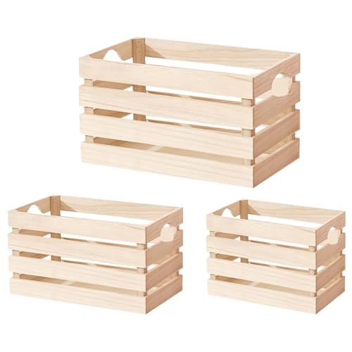 Voittozege 3 Pack Wooden Nesting Crates with Handles,Decorative Wood Crates Crate Box Wooden Storage Box Nesting Solid Wood Crates for Kitchen, Voittozege
