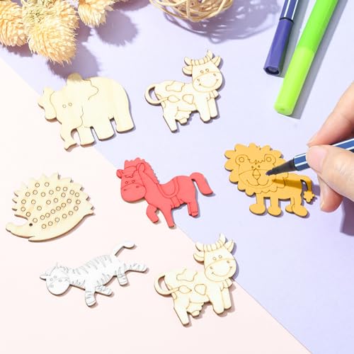 Stiesy 100 Pcs Unfinished Wooden Animal Cutouts Wood Cutout Blank Lion Elephant Shape Wooden Ornament for DIY Craft Supplies Party Decoration Stiesy