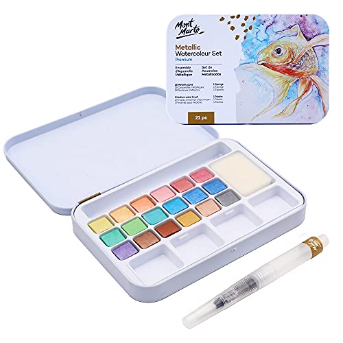 MONT MARTE Premium Metallic Watercolor Cake Set, 21 Piece, 18 Colors, 1 Water Brush, 1 Sponge, 4 Mixing Wells MONT MARTE