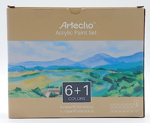 Artecho Acrylic Paint Set, 7 Primary Colors - 6x2.02oz/60ml & 1x4.05oz/120ml Titanium White Tubes, Art Craft Paints for Canvas, Rock, Wood, Fabric, Artecho