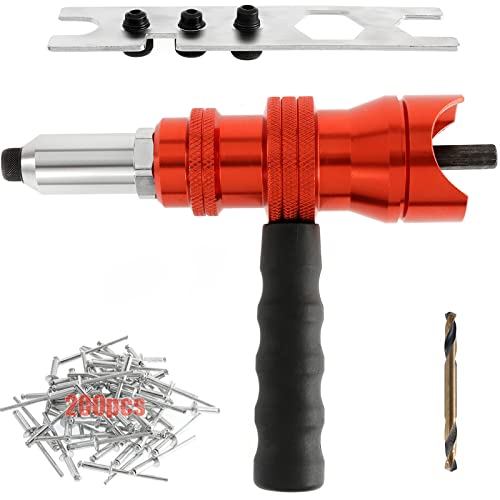 POWLAB Professional Rivet Gun Adapter Kit - Cordless Riveting Drill Tool with 4 Rivet Heads & 200 Blind Rivets - Easy Processing for Pop Rivets - POWLAB