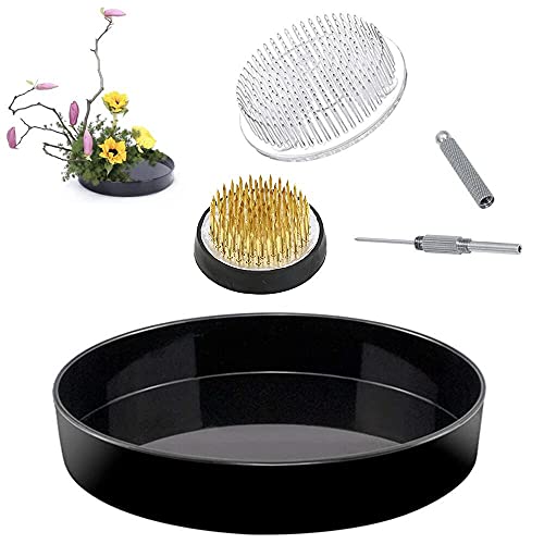 Japanese Ikebana Kit Floral Frog Flower Container Set with 9inch Plastic Bowl Vase Pot, 1.57inch Kenzan, 2.76inch Plastic Kenzan, 2-in-1 Kenzan Tool Eggone