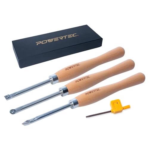 POWERTEC 71825 Carbide Tipped Woodturning Tool 3 Piece Set, Small/Medium Wood Lathe Turning Tools with Flat Edge Square, Round and Diamond, Wood POWERTEC
