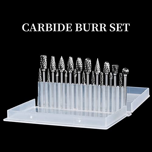 Carbide Burr Set, Die Grinder Bits, 20 Pcs 1/8" Shank Double Cut Tungsten Carbide Rotary Burrs Set Compatible with Dremel for Metal Carving Wood Semderm