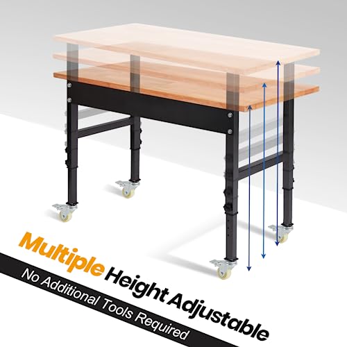 48" Adjustable Work Bench, Rubber Wood Top Heavy-Duty Workbench with Wheels, 2000 LBS Load Capacity Hardwood Worktable, for Garage, Workshop, Home, Polar Aurora